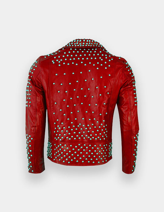 Men's Studded Red Leather Jacket, Men Spikes and Studs jacket, Men fashion wear jacket, Punk Party